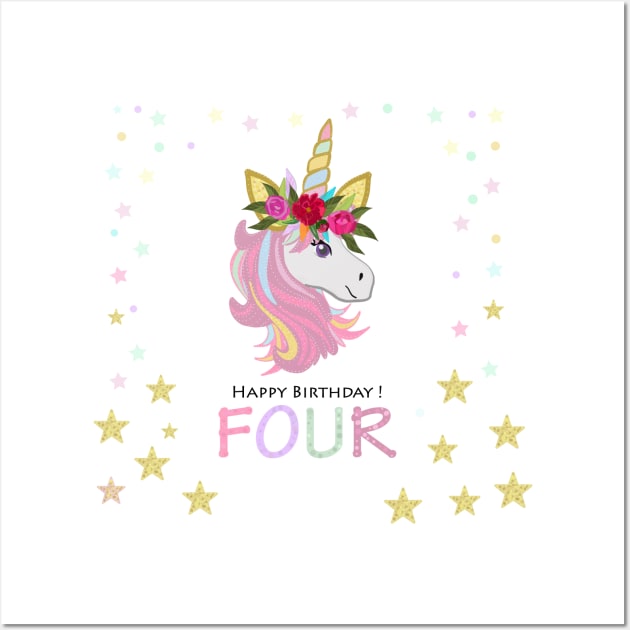 Four birthday greeting. Fourth. Magical Unicorn Birthday invitation. Party invitation greeting card Wall Art by GULSENGUNEL